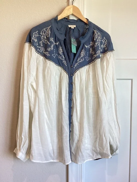Anthropologie Puff-Sleeve Embroidered Buttondown Blouse Pilcro NEW 2X Ivory - Picture 5 of 16